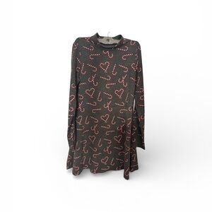 Awake Gray Candy Cane Heart Long Sleeve Swing Dress Size Small Holiday